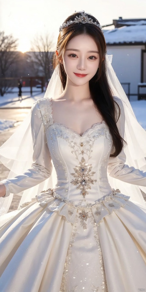  (Good structure),cowboy_shot, DSLR Quality,Depth of field ,looking_at_viewer,Dynamic pose, , kind smile,,  Snow, sunset
 , weddingdress, , , , , ,  dililengba