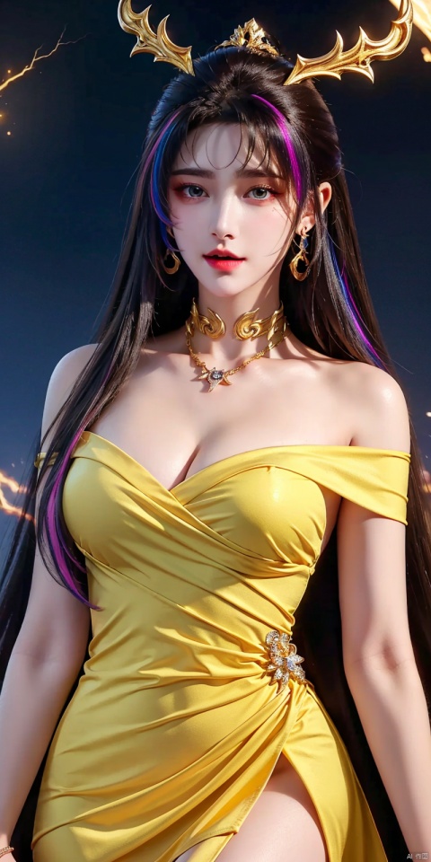  cowboy_shot ,1girl,Bangs, off shoulder, colorful_hair, ((colorful hair)),golden dress, yellow eyes, chest, necklace, pink dress, earrings, floating hair, jewelry, sleeveless, very long hair,Looking at the observer, parted lips, pierced,energy,electricity,magic, dofas, forehead mark,tianhu