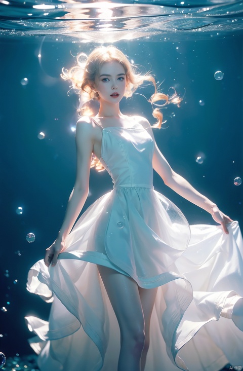  (1girl:1.2),stars in the eyes,(pure girl:1.1),(white dress:1.1),(full body:0.6),There are many scattered luminous petals,bubble,contour deepening,(white_background:1.1),cinematic angle,nike,underwater,adhesion,green long upper shan,