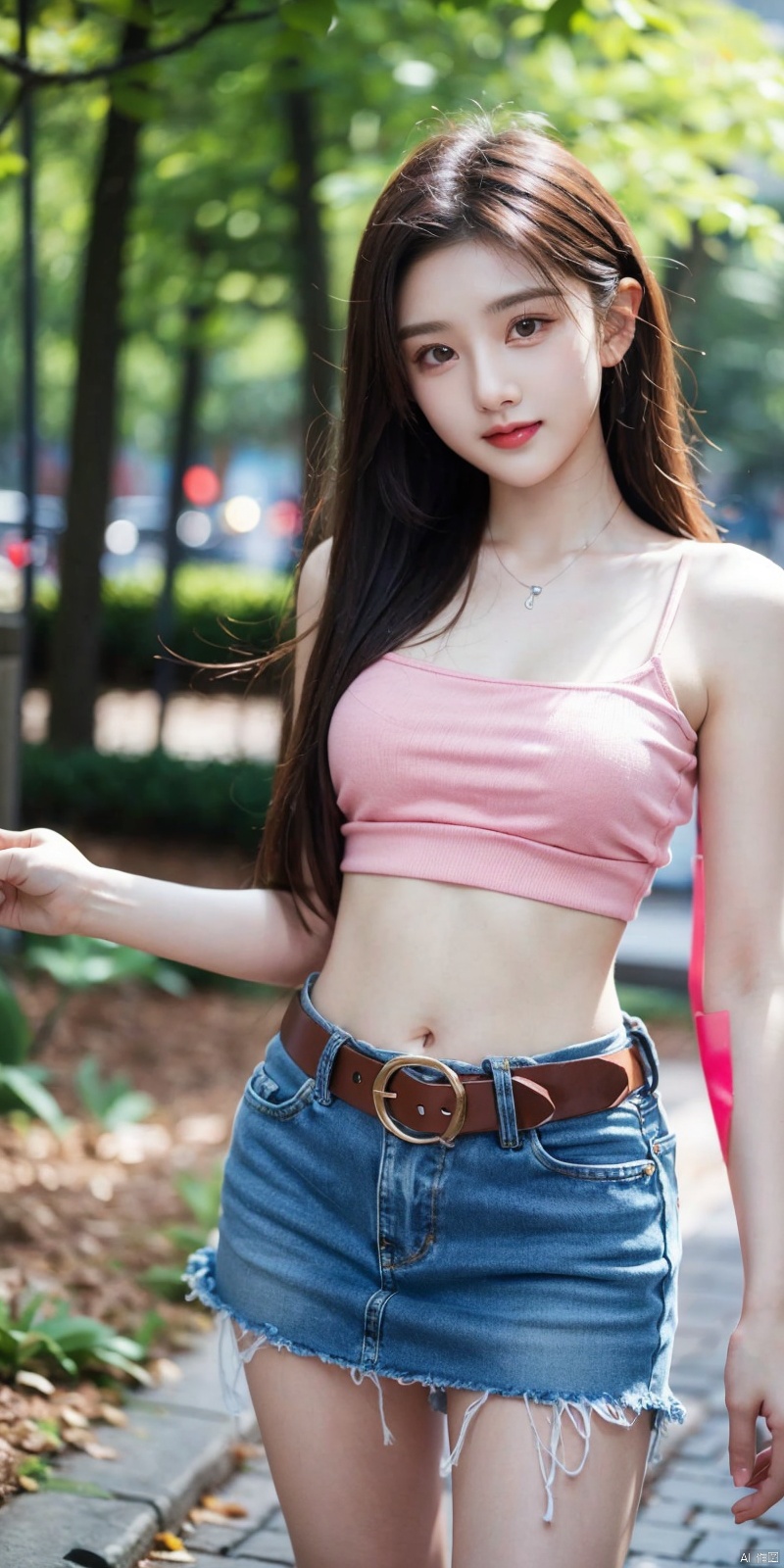  best quality, masterpiece, cowboy_shot,(Good structure), DSLR Quality,Depth of field,kind smile,looking_at_viewer,Dynamic pose,
 1girl, 3d, bare_shoulders, belt, blurry, blurry_background, blurry_foreground, branch, , , , collarbone, cosplay_photo, denim, denim_skirt, depth_of_field, , lips, long_hair, looking_at_viewer, midriff, miniskirt, motion_blur, navel, outdoors, photo_\(medium\), realistic, skirt, solo, standing, tree, , , , songzuer