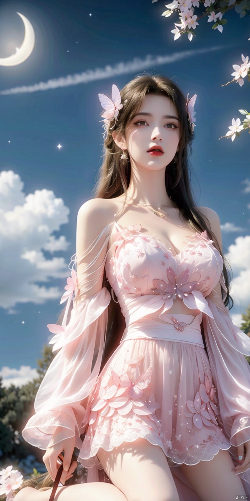  1girl, bare_shoulders, breasts, bug, butterfly, cleavage, cloud, crescent_moon, full_moon, hair_ornament, lips, long_hair, looking_at_viewer, medium_breasts, moon, moonlight, night, night_sky, red_lips, kneeling, sky, solo, star_\(sky\), starry_sky, sun