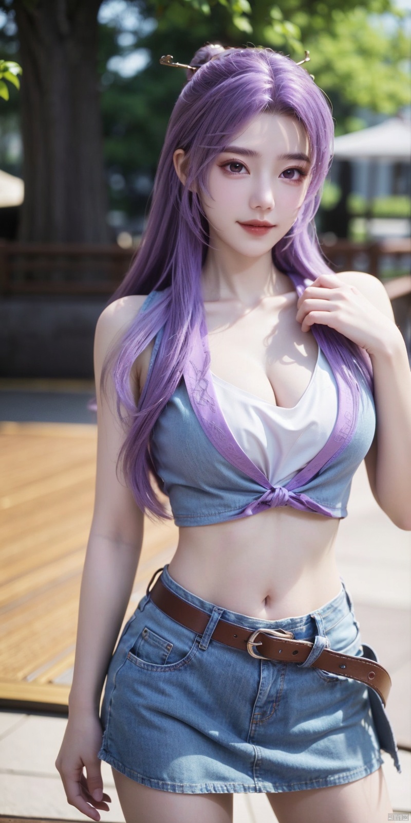  best quality, masterpiece, cowboy_shot,(Good structure), DSLR Quality,Depth of field,kind smile,looking_at_viewer,Dynamic pose,
 1girl, 3d, bare_shoulders, belt, blurry, blurry_background, blurry_foreground, branch, breasts, brown_eyes, brown_hair, collarbone, cosplay_photo, denim, denim_skirt, depth_of_field, hand_on_own_chest, lips, long_hair, looking_at_viewer, midriff, miniskirt, motion_blur, navel, outdoors, photo_\(medium\), realistic, skirt, solo, standing, tree, , yunxiao,purple_hair