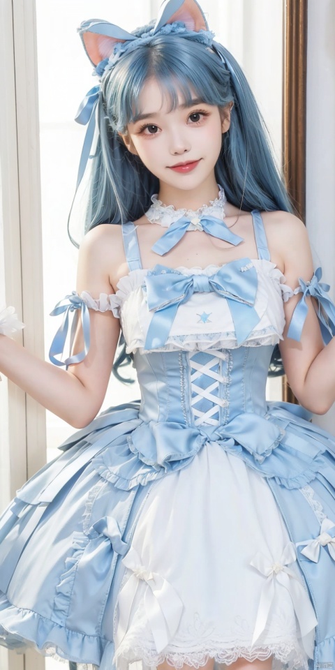  (Good structure), DSLR Quality,,,Girl, bare shoulders, blue hair, boobs, bow tie, brown eyes, cat ears, collar, ((Lolita Dress: 1.4)) , blue and white Lolita dress, wrinkled leg outfit, hand-held, lips, nose, shoulders, , alone, two-tailed, kind smile, looking at the audience, white leg costume, wrist cuffs, 1girl,,looking_at_viewer, lolidress, , lizhien