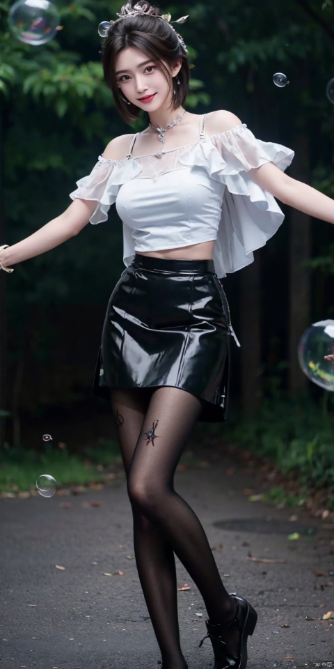  (Good structure),full_body, DSLR Quality,Depth of field ,looking_at_viewer,Dynamic pose, , kind smile,,
1girl, solo, breasts, looking at viewer, short hair, skirt, brown hair, bare shoulders, brown eyes, jewelry, standing, short sleeves, , parted lips, midriff, black skirt, necklace,  lips, crop top, bubble, luxueqi, blackpantyhose