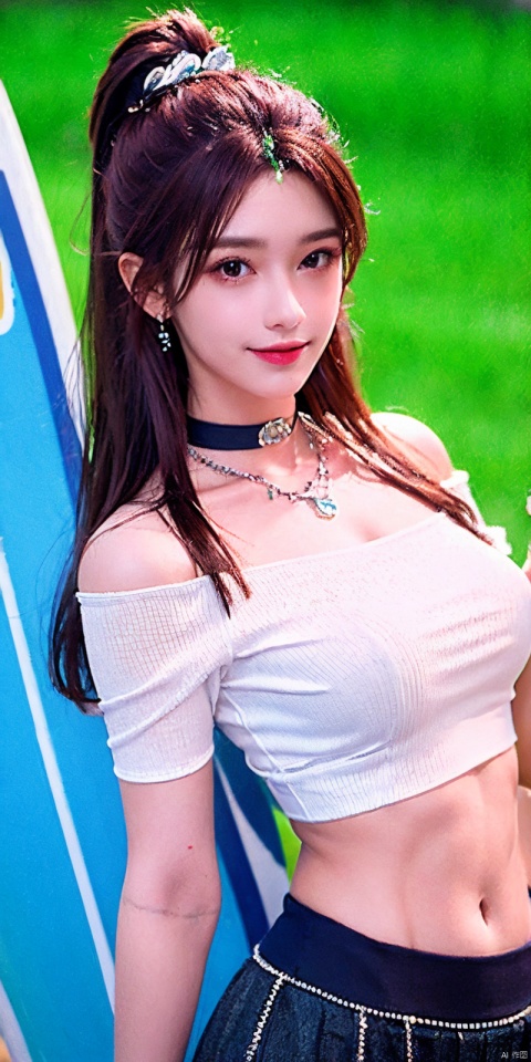 (Good structure), DSLR Quality,Short skirt,(( surf,)),nai3, 1girl, solo, crop top, , choker, navel, shirt, midriff, crop top overhang, looking at viewer, white shirt, jewelry, breasts, bare shoulders, off-shoulder shirt, off shoulder, black choker, thighs, stomach, long hair, bracelet, short sleeves, ribbon, hand up, collarbone, hair ribbon, medium breasts, , bra strap, , hair ornament, thigh gap, necklace, expressionless, , ,kind smile, ,, brown hair, yeqinxian, surf,brown hair