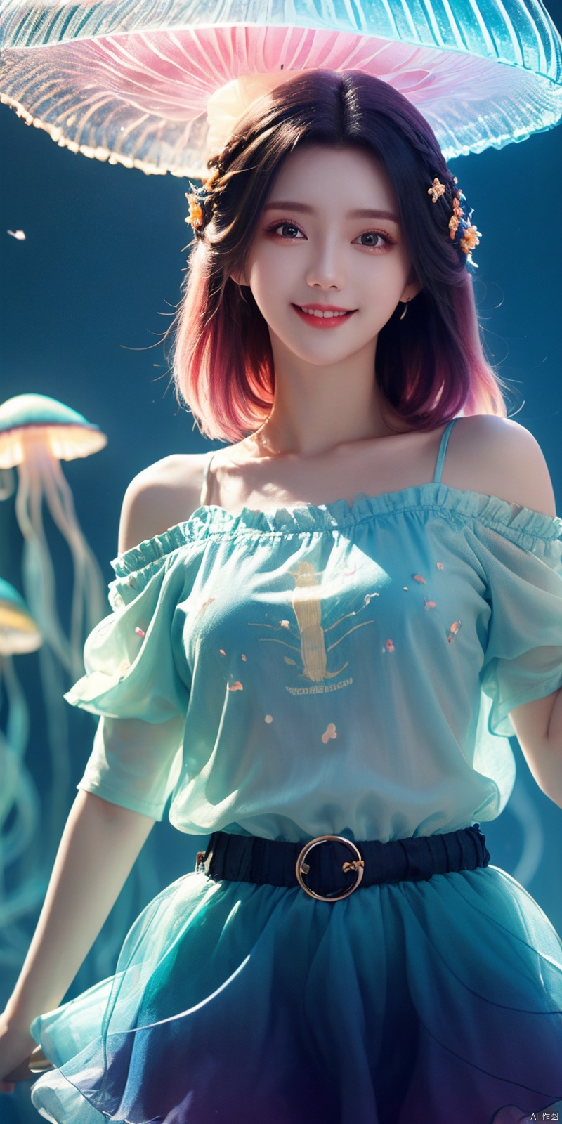  best quality, masterpiece, cowboy_shot,(Good structure), DSLR Quality,Depth of field,kind smile,looking_at_viewer,Dynamic pose, 
Colorful Girl, 1Girl,Colorful jellyfish, colorful jellyfish floating in the air,Close shot, large jellyfish on head, front, upper body, above thighs, blue tank top dress, complex fluid shaped colored short skirt at waist, off shoulder, colorful print, looking at the camera, colored gradient hair, dark gradient background, depth of field, glow, hand101, 1girl, jiangli