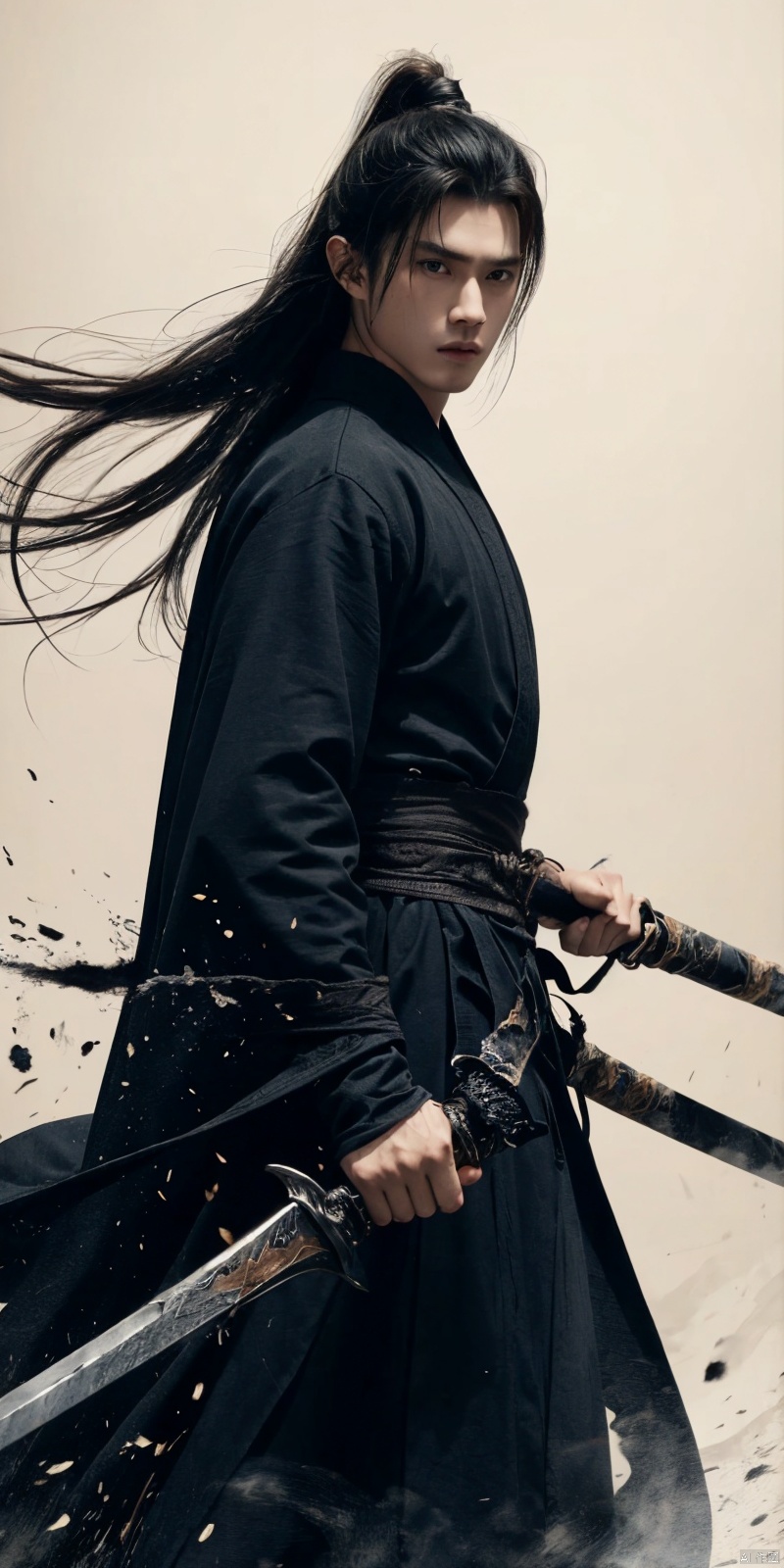  sdmai, wuxia, Chinese ink painting, artistic ink painting, Chinese martial arts films, wearing black robes, fighting posture, cinematic grandeur, splashing details, wild and powerful, solo, weapon, black hair, sword, long hair, male focus, looking at viewer, 1boy, scar, asuo, ((poakl)), 1girl