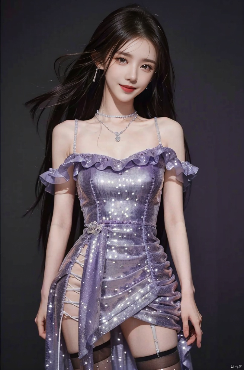  DSLR, (Good structure), HDR, UHD, 8K, A real person, Highly detailed, best quality, masterpiece, 1girl, realistic, Highly detailed, (EOS R8, 50mm, F1.2, 8K, RAW photo:1.2), ultra realistic 8k, (best illumination, best shadow, extremely delicate and beautiful), (official art, beautiful and aesthetic:1.2), solo, 1girl, , Wind, flowing hair, kind smile, , pose for picture, Dynamic pose, looking_at_viewer, ,bare shoulders,purple dress,lianpianqun,dress,
choker,earrings,jewelry,necklace,ring, Detail, blackpantyhose,print legwear,  zhangyuxi