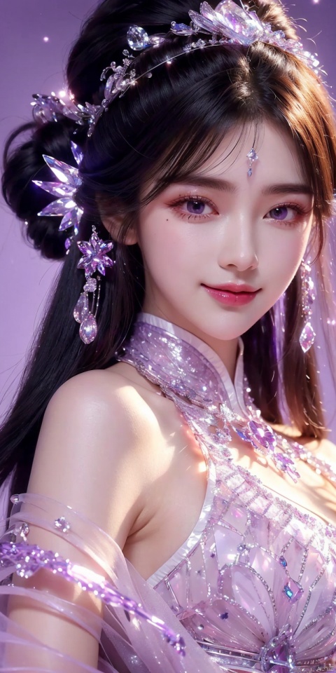  (Good structure),cowboy_shot, DSLR Quality,Depth of field ,looking_at_viewer,Dynamic pose, , kind smile,
1 girl,(Purple light effect),hair ornament,jewelry,looking at viewer, (\meng ze\), wangyushan, dofas,(ultra-detailed crystallization),transparent crystals, , , yuechan