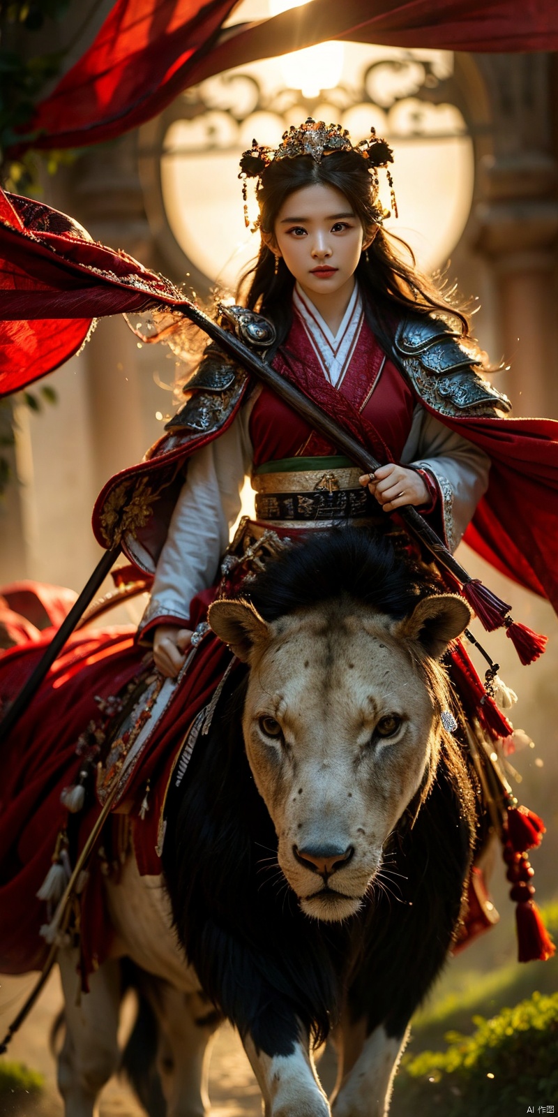 (Good structure), DSLR Quality,Depth of field,kind smile,looking_at_viewer,Dynamic pose, 1girl,Wearing a jade crown, shining silver armor, and wearing a lion headband. Treading towards the sky with cow tendon boots; Wearing a crimson cloak on her shoulders, carrying a three foot green blade on her waist, and carrying an iron tire bow on her back, coupled with her tall figure and resolute expression,Facing the camera, liuyifei, ((poakl))