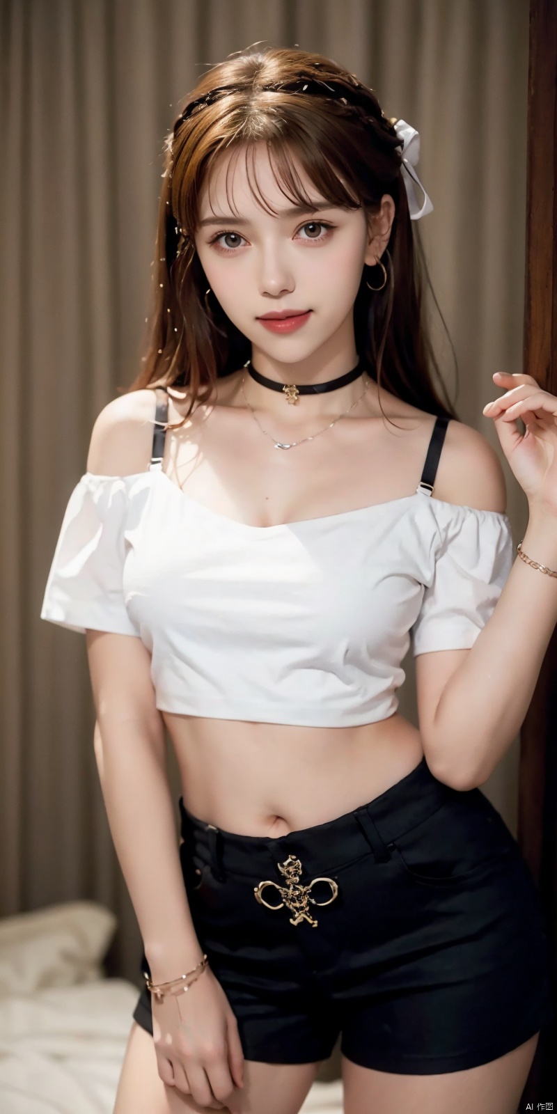 nai3, 1girl, shorts, solo, crop top, choker, pencil skirt, skirt, , navel, shirt, midriff, crop top overhang, looking at viewer, white shirt, jewelry, breasts, cowboy shot, bare shoulders,  off-shoulder shirt, off shoulder, black choker, thighs, stomach, hand on own thigh, long hair, bracelet, short sleeves, ribbon, hand up, collarbone, hair ribbon, medium breasts, standing, , , bra strap, kind smile, hair ornament, thigh gap, bangs, necklace, expressionless,, , heiguafu,brown-hair