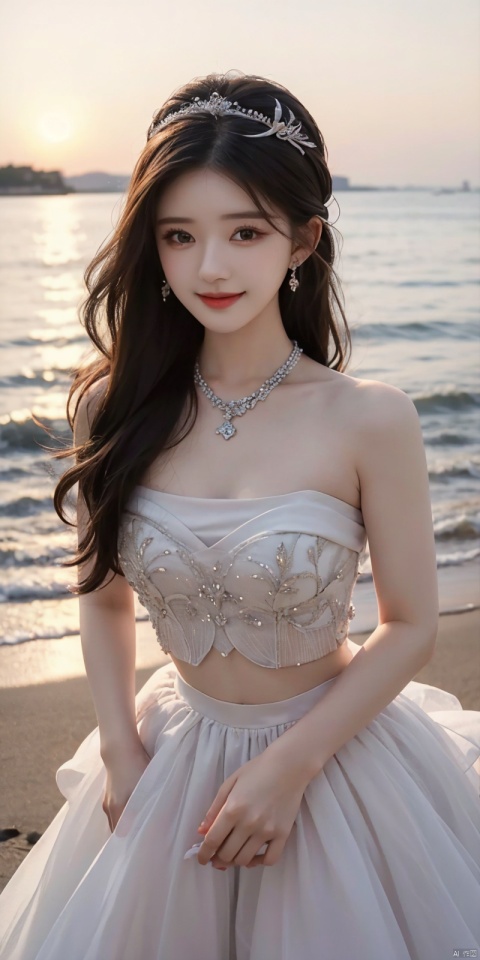  best quality, masterpiece, realistic,cowboy_shot,(Good structure), DSLR Quality,Depth of field,kind smile,looking_at_viewer,Dynamic pose, 
1girl, solo, long hair, , looking at viewer, skirt, hair ornament, bare shoulders, jewelry, , black hair, earrings, outdoors, midriff, water, necklace, lips, crop top, grey eyes, leaning forward, ocean, white skirt, strapless vest, sunset, sun, , , , weddingdress, zhaosilu