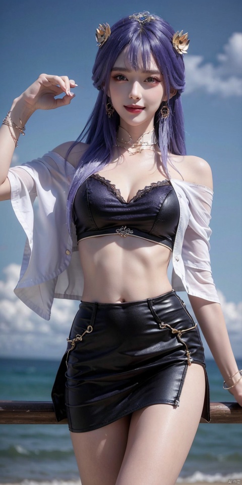  cowboy_shot,(Good structure), DSLR Quality,Short skirt,Blue sky, white clouds, ocean, nai3, 1girl, solo, crop top, , choker, navel, shirt, midriff, crop top overhang, looking at viewer, white shirt, jewelry, breasts, bare shoulders, off-shoulder shirt, off shoulder, black choker, thighs, stomach, long hair, bracelet, short sleeves, ribbon, hand up, collarbone, hair ribbon, medium breasts, , bra strap, , hair ornament, thigh gap, necklace, expressionless, , ,kind smile, , ,tianqiong,purple_hair
