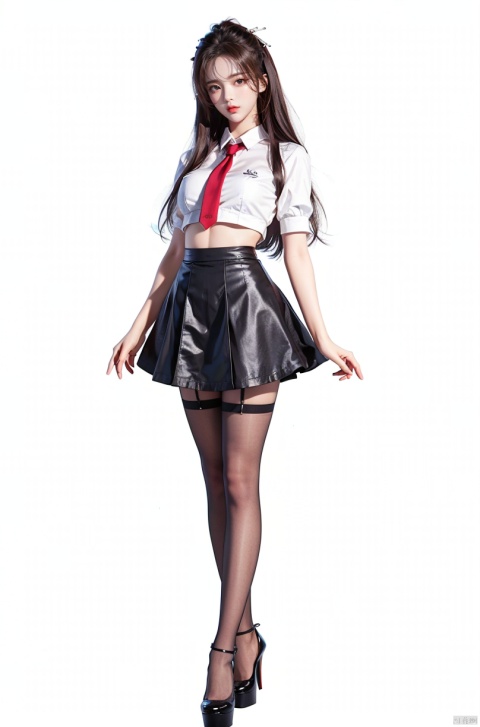 Masterpiece-level best_quality, concept artwork, a lonely solo girl, ,fashion,(mini skirt:1),Super long legs,, standing, realistic, Professionalstudio,highheels,trend,pantyhose,skinny,(big breasts:1.2), upshirt, yangchaoyue