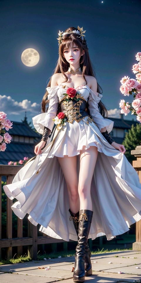  1 girl, Aurora, Bangs, bare shoulders, black shoes, white stockings, blue eyes, boots, bow, chest, (gradual change) , cherry blossoms, City Lights, shut up, clouds, sleeves, clothes, falling flowers, flowers, full moon, (white top hat) , bow, knees, long hair, long sleeves, looking at audience, medium chest, galaxy, Moon, night sky, outdoors, petals, pink flowers, pink roses, railings, roses, rose petals, Meteor, sky, Solo, space, standing, Star (Sky) , star, star print, thigh, long hair, white skirt, white flower, white headdress, tianhu, ((poakl))
