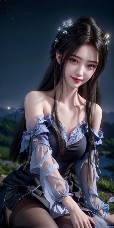  best quality, masterpiece, realistic,(Good structure), DSLR Quality,Depth of field,kind smile,looking_at_viewer,Dynamic pose, realistic ,
On the mountaintop, you can see the starry sky, and a beautiful girl is sitting on the grass. It is a masterpiece of a master, with stunning beauty, eye close-up, natural beauty, long legs, and short skirt, ,blackpantyhose, , limuwan