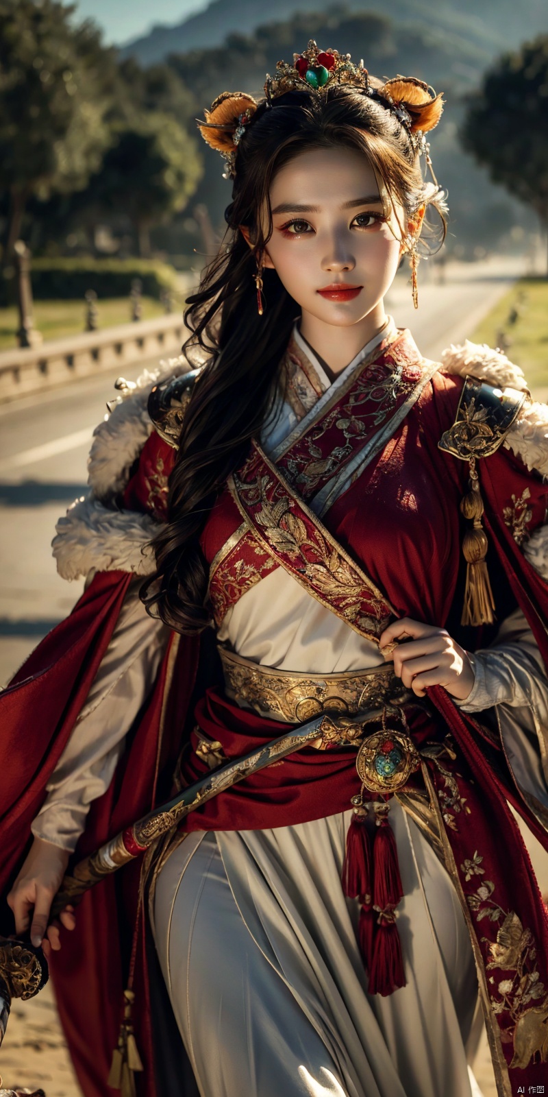 (Good structure), DSLR Quality,Depth of field,kind smile,looking_at_viewer,Dynamic pose, 1girl,Wearing a jade crown, shining silver armor, and wearing a lion headband. Treading towards the sky with cow tendon boots; Wearing a crimson cloak on her shoulders, carrying a three foot green blade on her waist, and carrying an iron tire bow on her back, coupled with her tall figure and resolute expression,Facing the camera, liuyifei, ((poakl))