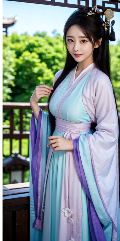  best quality, masterpiece, (cowboy_shot),(Good structure), DSLR Quality,Depth of field,kind smile,looking_at_viewer,Dynamic pose, line art,line style,as style,best quality,masterpiece, The image features a beautiful anime-style illustration of a young woman. She has long black hair and is dressed in a traditional Chinese outfit. The outfit consists of a white top with blue and purple accents, a long skirt, and a butterfly-shaped mirror in her hand. She stands against a backdrop of a clear blue sky and a body of water, with butterflies fluttering around her. AI painting pure tag structure: anime, art, illustration, traditional clothes, blue, white, long hair, black hair, butterfly, mirror, sky, water, , chineseclothes, , , lichun