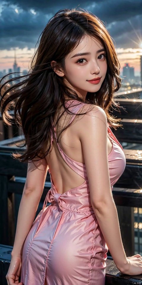 (Good structure),cowboy_shot, DSLR Quality,Depth of field ,looking_at_viewer,Dynamic pose, , kind smile,
,Frontal photography,Look front,evening,dark clouds,the setting sun,On the city rooftop,1girl,,,black hair,long hair, dark theme, muted tones, pastel colors, high contrast, (natural skin texture, A dim light, high clarity) ((sky background))((Facial highlights)), yuanyuan, 1girl