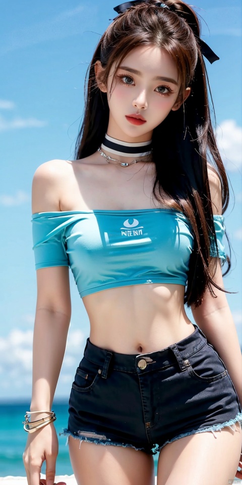  cowboy shot, Blue sky, white clouds, ocean,nai3, 1girl, shorts, solo, crop top, black shorts, choker, navel, shirt, midriff, crop top overhang, looking at viewer, white shirt, jewelry, breasts, bare shoulders, short shorts, off-shoulder shirt, off shoulder, black choker, thighs, stomach, hand on own thigh, long hair, bracelet, short sleeves, ribbon, hand up, collarbone, hair ribbon, medium breasts, standing, high-waist shorts, dolphin shorts, bra strap, , hair ornament, thigh gap, necklace, expressionless, , ,kind smile, yangchaoyue