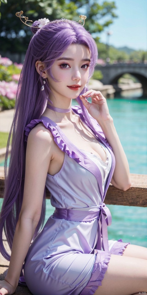  best quality, masterpiece, cowboy_shot,(Good structure), DSLR Quality,Depth of field,kind smile,looking_at_viewer,Dynamic pose, 
1girl, solo, long hair, breasts, looking at viewer, bangs,   hair ornament, dress, ribbon,  , bare shoulders, twintails, jewelry, medium breasts, sitting, very long hair, purple eyes, collarbone, hair ribbon, purple hair, flower, thighs, earrings, outdoors, parted lips, sleeveless, choker, hand up, hair flower, water,  white dress, bare arms, petals,  , sleeveless dress, black choker, short dress, frilled dress, white flower, purple ribbon, spaghetti strap,
yunxiao,purple_hair, 