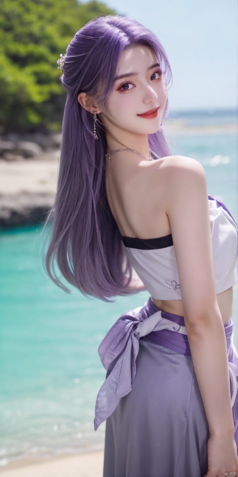  (Good structure),cowboy_shot, DSLR Quality,Depth of field ,looking_at_viewer,Dynamic pose, , kind smile,,
1girl, solo, long hair, , looking at viewer, skirt, hair ornament, bare shoulders, jewelry, , black hair, earrings, outdoors, midriff, water, necklace, lips, crop top, grey eyes, leaning forward, ocean, white skirt, strapless vest, sunset, sun, , yunxiao,purple_hair