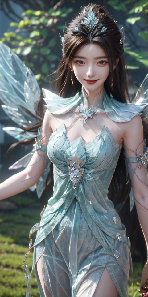  cowboy shot,(Good structure), DSLR Quality,Depth of field,kind smile,looking_at_viewer,Dynamic pose,,1 girl, , young, 8K, ultra fine, epic composition, ultra-high definition image quality, high quality, highest quality, ,  crystal_dress , crystal , wings , 1girl, ,  yanruyu