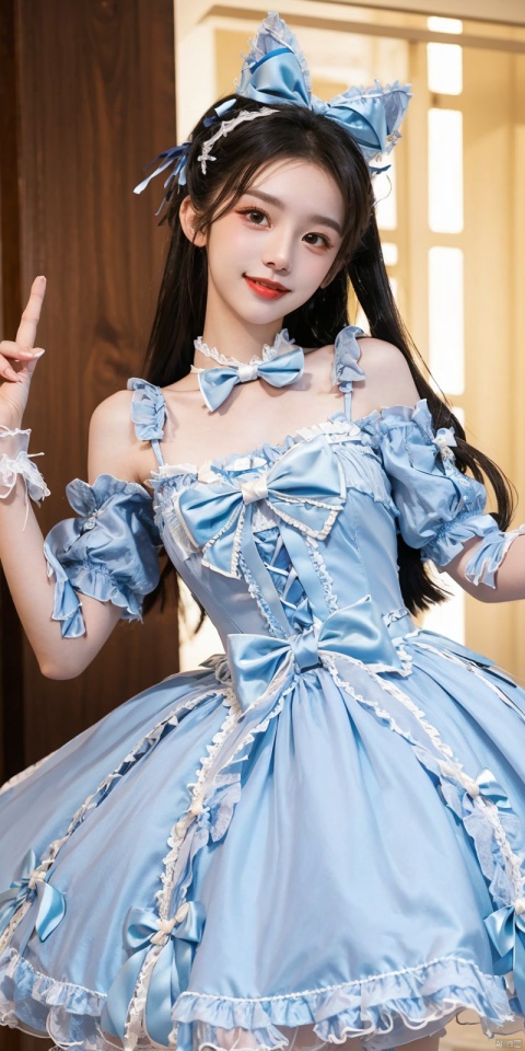  (Good structure), DSLR Quality,Depth of field,kind smile,looking_at_viewer,Dynamic pose, ,(wariza),,Girl, bare shoulders, , boobs, bow tie, ,purple eyes, cat ears, collar, ((Lolita Dress: 1.4)) , blue and white Lolita dress, wrinkled leg outfit, hand-held, lips, nose, shoulders, , alone, long_hair, kind smile, looking at the audience, white leg costume, wrist cuffs, 1girl,,looking_at_viewer, , lolidress , ,dress, zhouye