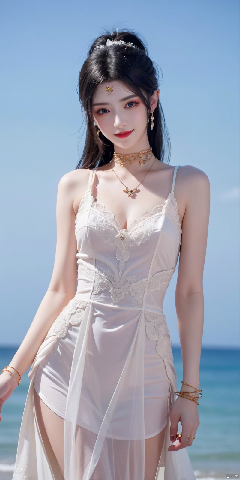  best quality, masterpiece, realistic, ,(Good structure), DSLR Quality,Depth of field,kind smile,looking_at_viewer,Dynamic pose, 
1girl, solo, long hair, , looking at viewer, blush, , bangs, blue eyes,, dress, bow, , bare shoulders, jewelry, very long hair, collarbone, ponytail, white hair, hair bow, thighs, outdoors, sky, sleeveless, day, cloud, water, necklace, white dress, hair over one eye, bracelet, blue sky, blue bow, wading, pendant, doll, , rainbow, anastasia \(fate\), , meidusha, weddingdress