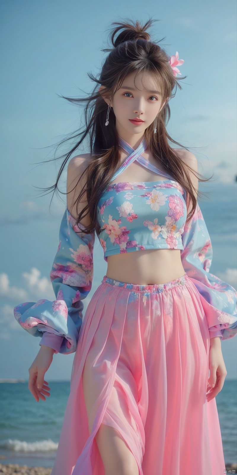  best quality, masterpiece, cowboy_shot,(Good structure), DSLR Quality,Depth of field,kind smile,looking_at_viewer,Dynamic pose, 
 Surrealism Dream Style,glowing neon color,RAW photo,at night,1girl,solo,sea,black hair,ponytail,looking at viewer,long hair,up,lips,sash,water splaashing,hair ornament,realistic,wide sleeves,hanfu,long dress,Semi transparent gauze skirt,surrealist,Best quality,masterpiece,ultra high res,Petal skirt,wind,flowers,bloom,Clouds,smoke,neon lights, 80sDBA style, 1 girl, , , wangyushan