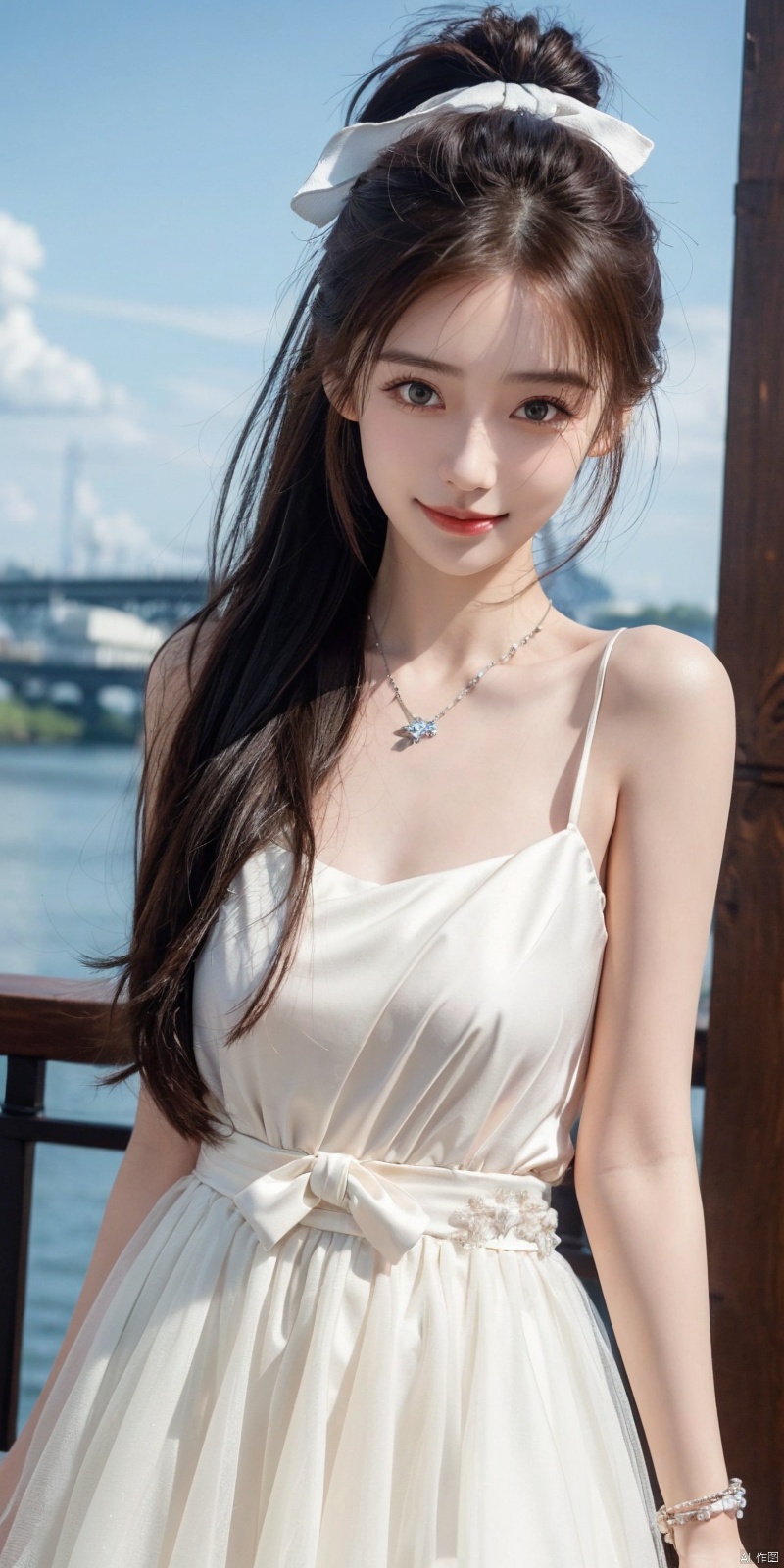  best quality, masterpiece, realistic, ,(Good structure), DSLR Quality,Depth of field,kind smile,looking_at_viewer,Dynamic pose, 
1girl, solo, long hair, , looking at viewer, blush, , bangs, blue eyes,, dress, bow, , bare shoulders, jewelry, very long hair, collarbone, ponytail, white hair, hair bow, thighs, outdoors, sky, sleeveless, day, cloud, water, necklace, white dress, hair over one eye, bracelet, blue sky, blue bow, wading, pendant, doll, skirt hold, rainbow, anastasia \(fate\), ,  , , angel