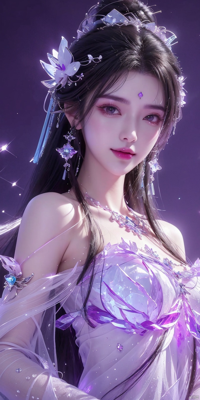  (Good structure),cowboy_shot, DSLR Quality,Depth of field ,looking_at_viewer,Dynamic pose, , kind smile,
1 girl,(Purple light effect),hair ornament,jewelry,looking at viewer, (\meng ze\), wangyushan, dofas,(ultra-detailed crystallization),transparent crystals, qingyi