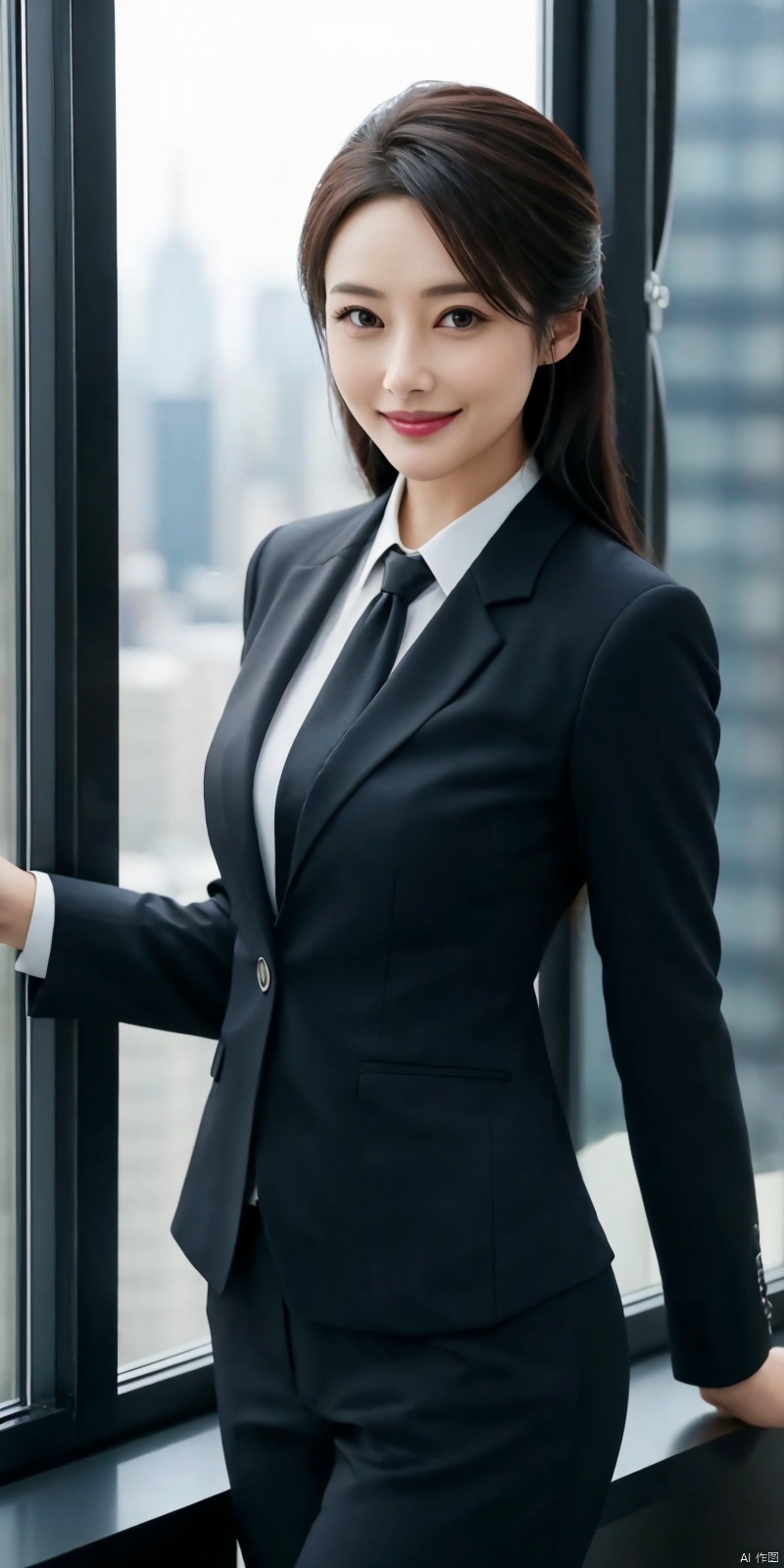  best quality, masterpiece, cowboy_shot,(Good structure), DSLR Quality,Depth of field,kind smile,looking_at_viewer,Dynamic pose, 
Modern businesswoman, dressed in a sleek suit and tie, posing confidently in a modern office setting, cityscape view through the window, focused expression, powerful pose, professional attire, realistic lighting, sharp focus.,lichun