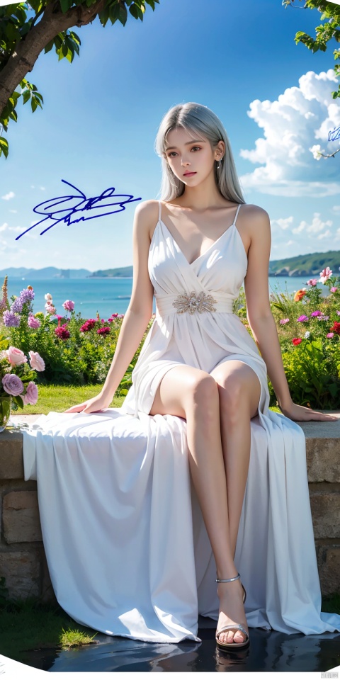  best quality, masterpiece, illustration, (reflection light), incredibly absurdres, ((Movie Poster), (signature:1.3), (English text), 1girl, girl middle of flower, pure sky,clear sky, outside, collarbone, sitting, absurdly long hair, clear boundaries of the cloth, white dress, fantastic scenery, ground of flowers, thousand of flowers, colorful flowers, flowers around her, various flowers,bare shoulders,skirt, sandals, baiyuekui,silver hair