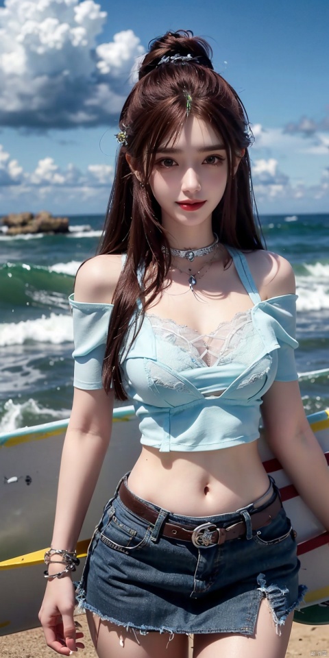  cowboy_shot,(Good structure), DSLR Quality,Short skirt,Blue sky, white clouds, ocean,((Surf)), nai3, 1girl, solo, crop top, , choker, navel, shirt, midriff, crop top overhang, looking at viewer, white shirt, jewelry, breasts, bare shoulders, off-shoulder shirt, off shoulder, black choker, thighs, stomach, long hair, bracelet, short sleeves, ribbon, hand up, collarbone, hair ribbon, medium breasts, , bra strap, , hair ornament, thigh gap, necklace, expressionless, , ,kind smile, ,,brown hair, yeqinxian