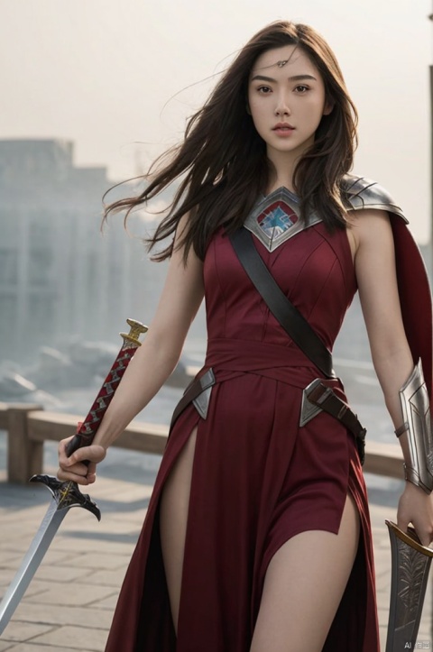  Highly detailed, best quality, masterpiece, 
gaierjiaduo, 1girl, solo, shield, energy sword, realistic, sword, long hair, brown hair, weapon, lips