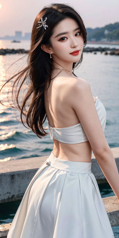  (Good structure),cowboy_shot, DSLR Quality,Depth of field ,looking_at_viewer,Dynamic pose, , kind smile,,
1girl, solo, long hair, , looking at viewer, skirt, hair ornament, bare shoulders, jewelry, , black hair, earrings, outdoors, midriff, water, necklace, lips, crop top, grey eyes, leaning forward, ocean, white skirt, strapless vest, sunset, sun, ,  liuyifei