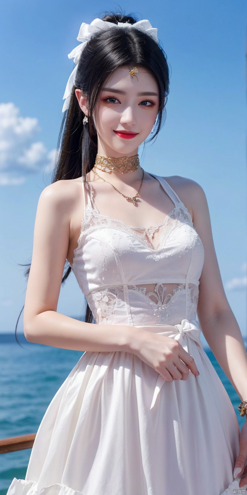  best quality, masterpiece, realistic, ,(Good structure), DSLR Quality,Depth of field,kind smile,looking_at_viewer,Dynamic pose, 
1girl, solo, long hair, , looking at viewer, blush, , bangs, blue eyes,, dress, bow, , bare shoulders, jewelry, very long hair, collarbone, ponytail, white hair, hair bow, thighs, outdoors, sky, sleeveless, day, cloud, water, necklace, white dress, hair over one eye, bracelet, blue sky, blue bow, wading, pendant, doll, skirt hold, rainbow, anastasia \(fate\), , meidusha, weddingdress