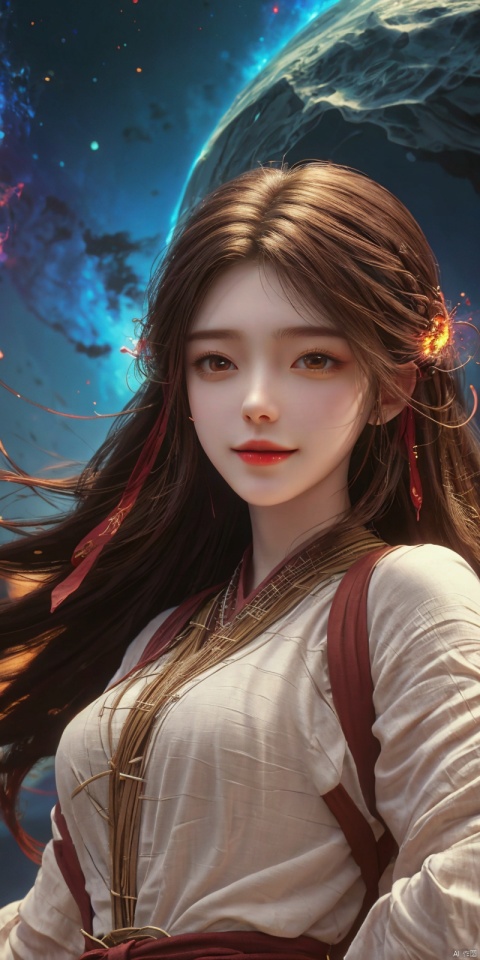  kind smile,looking_at_viewer,masterpiece, 1 girl, Look at me, Long hair, Flame, A magical scene, glowing, Floating hair, realistic, Nebula, An incredible picture, The magic array behind it, Stand, textured skin, super detail, best quality, , huolinger,dress, 1girl, qingyi, yunxi