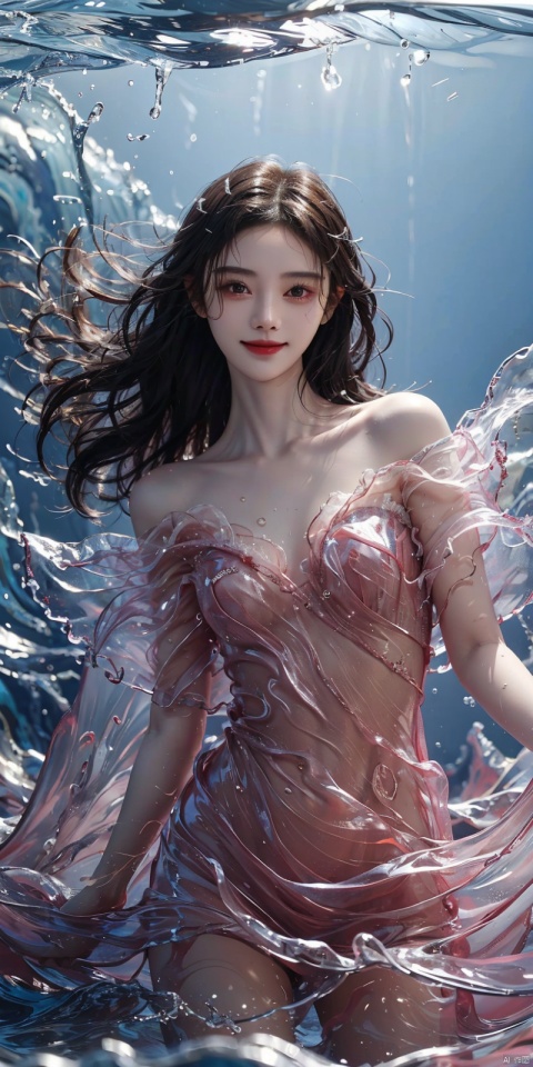  best quality, masterpiece, cowboy_shot,(Good structure), DSLR Quality,Depth of field,kind smile,looking_at_viewer,Dynamic pose, 
(ice art, translucent forms, ephemeral beauty, crystalline textures, delicate craftsmanship, chilling allure),sea,wave,liquid clothes,dress, water dress,,pose for picture,long_hair,kind smile,, liquid clothes, , sd mai, , jujingyi