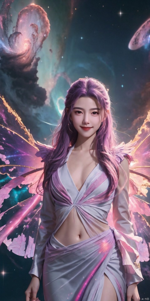  (Good structure), DSLR Quality,Depth of field,kind smile,looking_at_viewer,Dynamic pose, 1girl, wings, solo, nebula wings, , long hair, navel, dress, pink wings, looking at viewer, star \(sky\), , , bare shoulders, sky, starry sky, collarbone, realistic, nebula,,, , xuancaiqun, , yunxiao,purple_hair