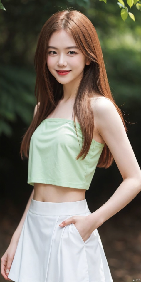  best quality, masterpiece, realistic,full_body,(Good structure), DSLR Quality,Depth of field,kind smile,looking_at_viewer,Dynamic pose, 
1girl, solo, long hair, looking at viewer, smile, skirt, flower,, crop top, white skirt, plant, green shirt, tube top, , nike