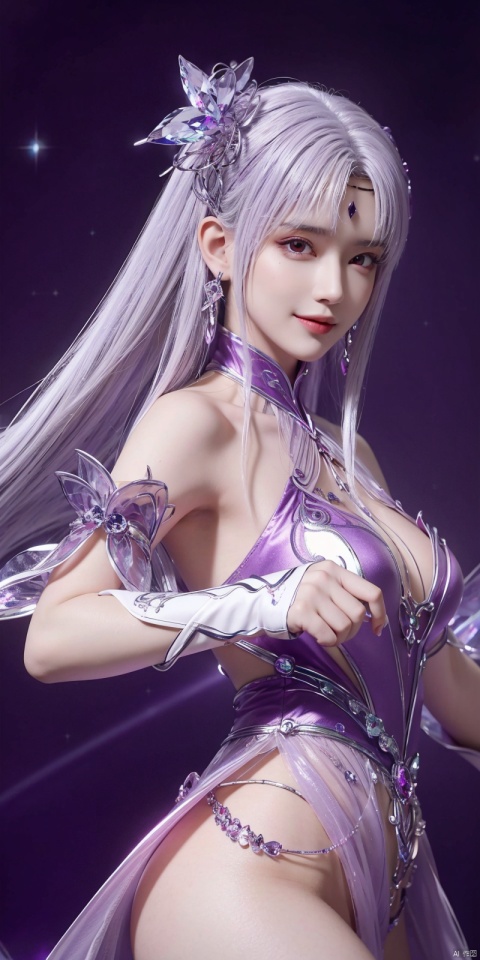  best quality, masterpiece, (Good structure),cowboy_shot, DSLR Quality,Depth of field ,looking_at_viewer,Dynamic pose, , kind smile,
1 girl,(Purple light effect),hair ornament,jewelry,looking at viewer, , dofas,(ultra-detailed crystallization),transparent crystals, , , , , ,, xiaoyixian,white hair