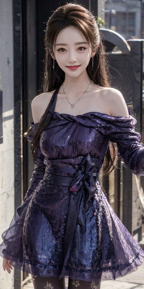  cowboy_shot, masterpiece, realistic,(Good structure), DSLR Quality,Depth of field,kind smile,looking_at_viewer,Dynamic pose, 
, 1girl, , Wind, flowing hair, kind smile, , pose for picture, Dynamic pose, looking_at_viewer, ,bare shoulders,purple dress,lianpianqun,dress,
choker,earrings,jewelry,necklace,ring, Detail, blackpantyhose,print legwear, , , ,lichun