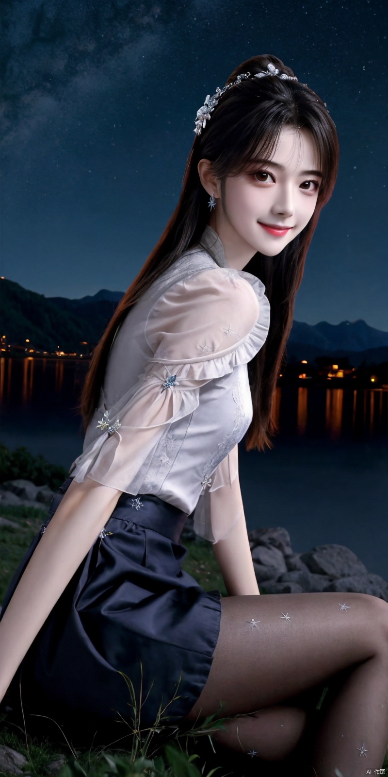  best quality, masterpiece, ,(Good structure), DSLR Quality,Depth of field,kind smile,looking_at_viewer,Dynamic pose, realistic ,
On the mountaintop, you can see the starry sky, and a beautiful girl is sitting on the grass. It is a masterpiece of a master, with stunning beauty, eye close-up, natural beauty, long legs, and short skirt, ,blackpantyhose, xiaqingyue
