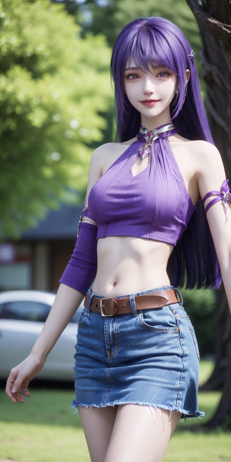  best quality, masterpiece, cowboy_shot,(Good structure), DSLR Quality,Depth of field,kind smile,looking_at_viewer,Dynamic pose,
 1girl, 3d, bare_shoulders, belt, blurry, blurry_background, blurry_foreground, branch, , , , collarbone, cosplay_photo, denim, denim_skirt, depth_of_field, , lips, long_hair, looking_at_viewer, midriff, miniskirt, motion_blur, navel, outdoors, photo_\(medium\), realistic, skirt, solo, standing, tree, ,,purple_hair, shengcaier