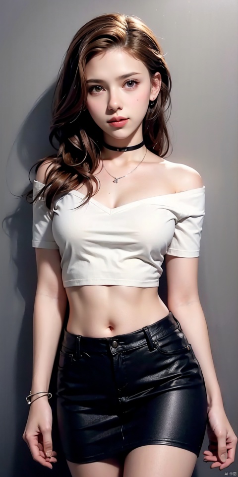 nai3, 1girl, shorts, solo, crop top, choker, pencil skirt, skirt, , navel, shirt, midriff, crop top overhang, looking at viewer, white shirt, jewelry, breasts, cowboy shot, bare shoulders,  off-shoulder shirt, off shoulder, black choker, thighs, stomach, hand on own thigh, long hair, bracelet, short sleeves, ribbon, hand up, collarbone, hair ribbon, medium breasts, standing, , , bra strap, kind smile, hair ornament, thigh gap, bangs, necklace, expressionless,, , heiguafu,brown-hair