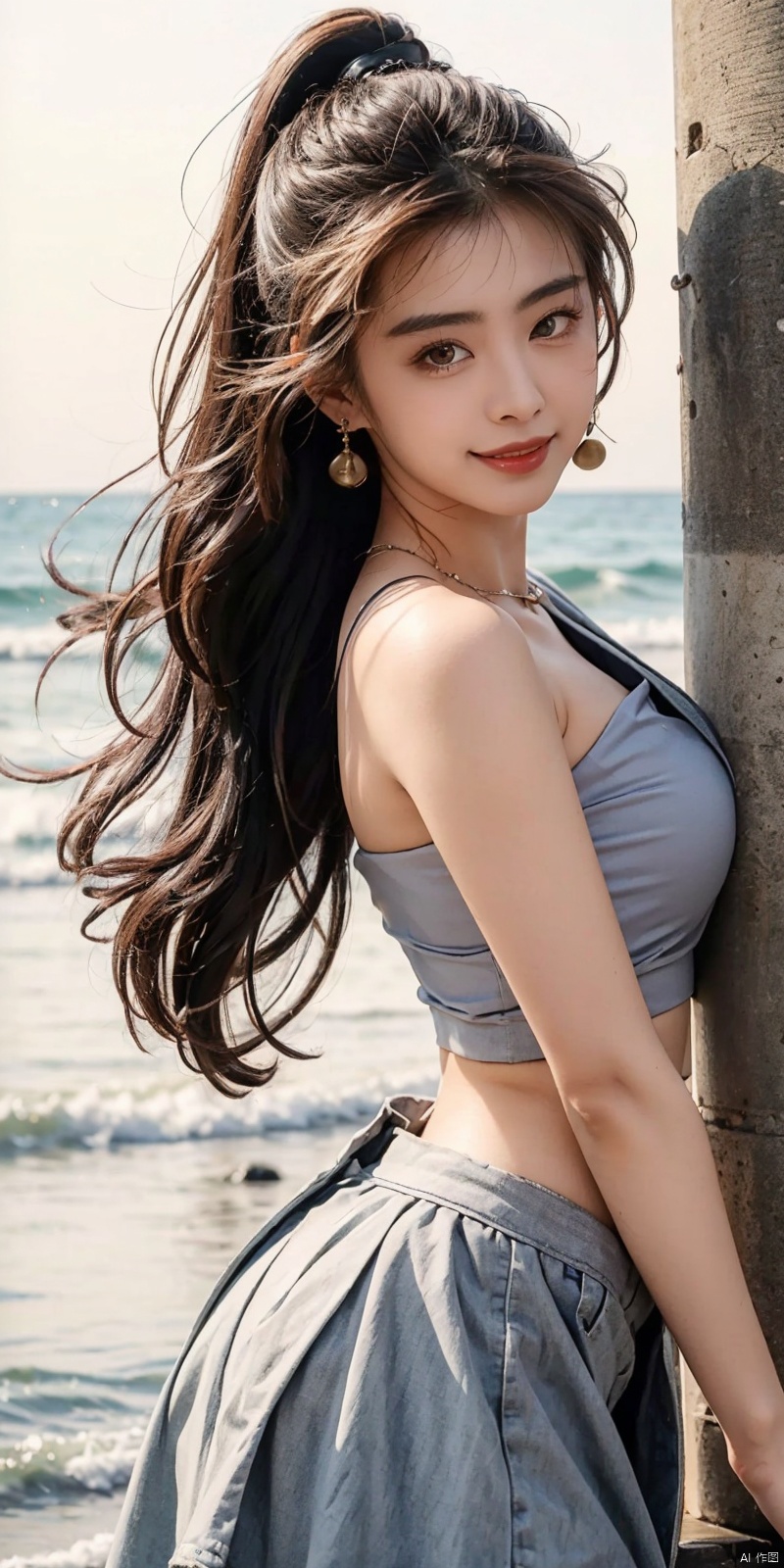  (Good structure),cowboy_shot, DSLR Quality,Depth of field ,looking_at_viewer,Dynamic pose, , kind smile,,
1girl, solo, long hair, , looking at viewer, skirt, hair ornament, bare shoulders, jewelry, , black hair, earrings, outdoors, midriff, water, necklace, lips, crop top, grey eyes, leaning forward, ocean, white skirt, strapless vest, sunset, sun, wangzuxian, molika