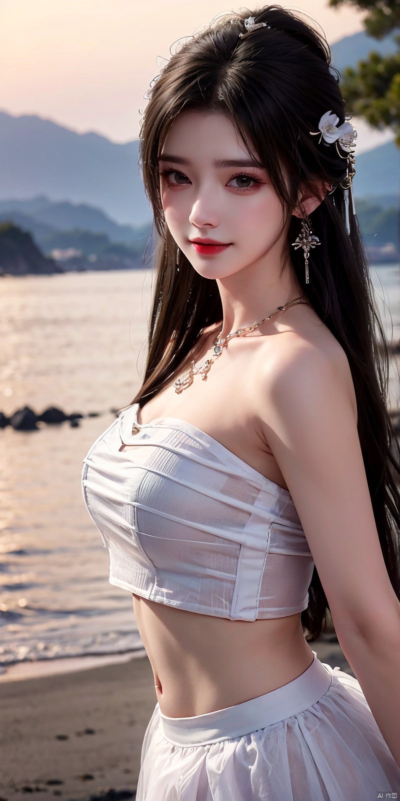 (Good structure),cowboy_shot, DSLR Quality,Depth of field ,looking_at_viewer,Dynamic pose, , kind smile,,
1girl, solo, long hair, , looking at viewer, skirt, hair ornament, bare shoulders, jewelry, , black hair, earrings, outdoors, midriff, water, necklace, lips, crop top, grey eyes, leaning forward, ocean, white skirt, strapless vest, sunset, sun, qingyi, wanglin, yeqinxian, babata