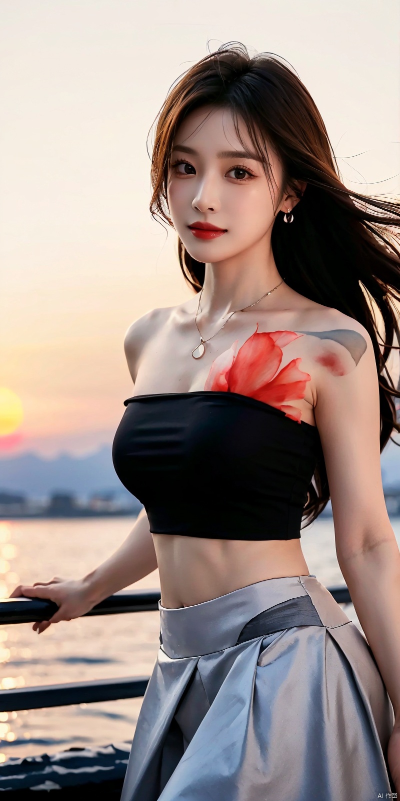 best quality, masterpiece, realistic,cowboy_shot,(Good structure), DSLR Quality,Depth of field,kind smile,looking_at_viewer,Dynamic pose, 
1girl, solo, long hair, , looking at viewer, skirt, hair ornament, bare shoulders, jewelry, , black hair, earrings, outdoors, midriff, water, necklace, lips, crop top, grey eyes, leaning forward, ocean, white skirt, strapless vest, sunset, sun, , , longni